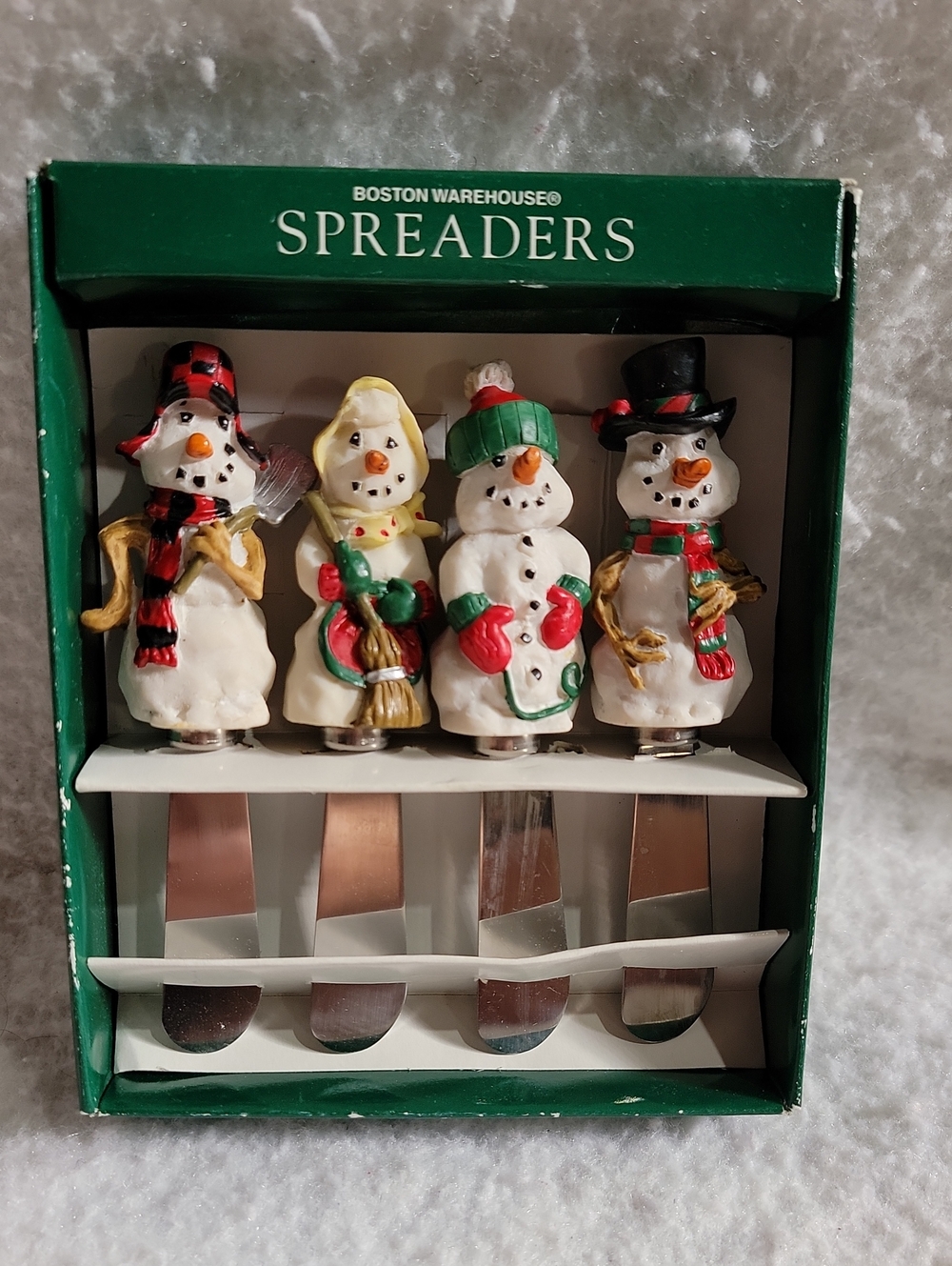 Vintage Boston Warehouse White Snowman Spreader Set with Red and Green Accents